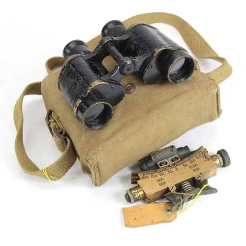 2555 - WW2 British Bino case dated 1943 with Henshaw Binoculars, and 1944 Vickers Clinometer.  (2)