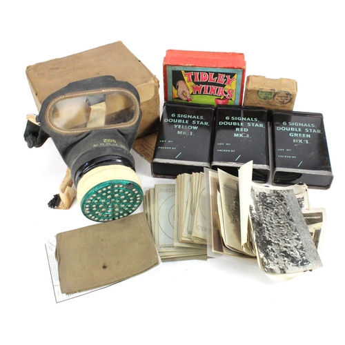 2558 - WW2 dated Flare Tins x3, Vintage Game, Gasmask in box, WW2 Soldier Service Record in wallet, medal b... 