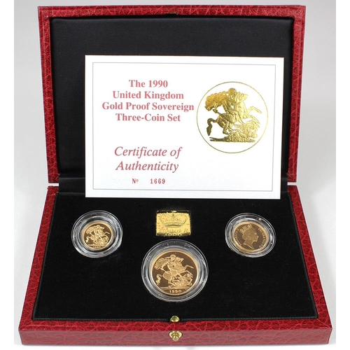 558 - Three coin set 1990 (Two Pounds, Sovereign & Half Sovereign) Proof FDC boxed as issued