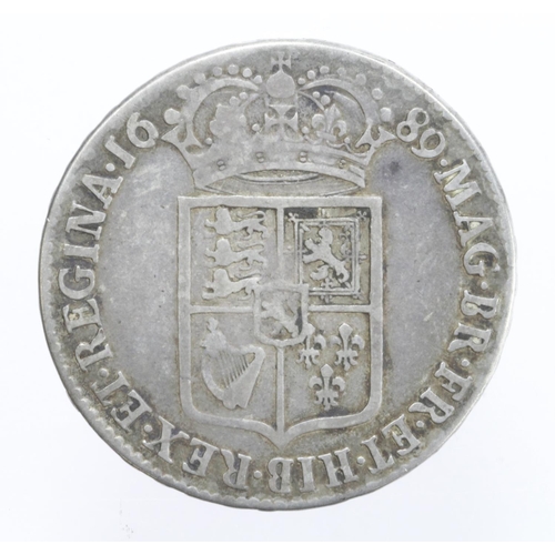 713 - Halfcrown 1689, 1st reverse, caul & interior frosted, with pearls, S.3434, Fine.