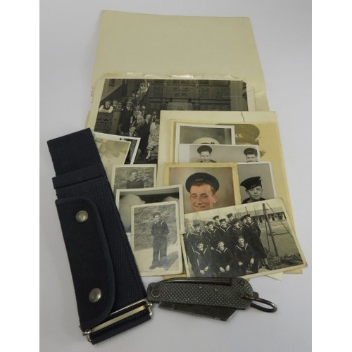 2577 - WW2 RN seamans photos with seamans WW2 belt and pocket knife.