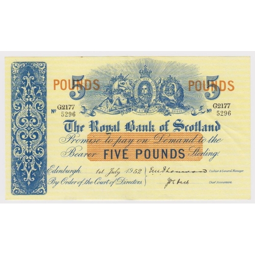 463 - Scotland, Royal Bank of Scotland 5 Pounds dated 1st July 1952, signed Thomson & Dick, serial G2177/5... 