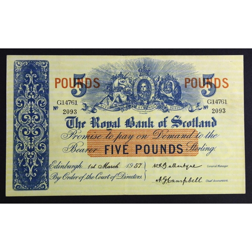 465 - Scotland, Royal Bank of Scotland 5 Pounds dated 1st March 1957, signed Ballantyne & Campbell, serial... 