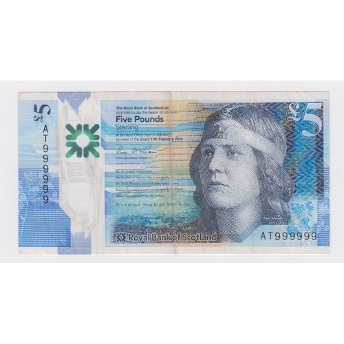 466 - Scotland, Royal Bank of Scotland 5 Pounds polymer note dated 11th February 2016, rare SOLID NUMBER n... 