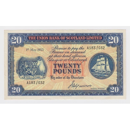 471 - Scotland, Union Bank 20 Pounds dated 1st May 1953, LAST DATE of issue, signed John A. Morrison, seri... 