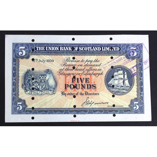 472 - Scotland, Union Bank 5 Pounds dated 17th July 1950, PROOF note with numerous cancellation punched ho... 