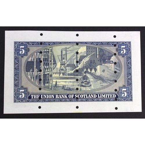 472 - Scotland, Union Bank 5 Pounds dated 17th July 1950, PROOF note with numerous cancellation punched ho... 