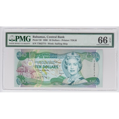 495 - Bahamas 10 Dollars dated 1996, signed James H. Smith, serial T382774 (TBB B325a, Pick59) in PMG hold... 