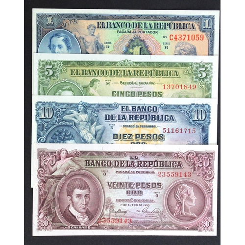 546 - Colombia (4), 20 Pesos Oro dated 1953, 10 Pesos Oro dated 1960, 5 Pesos Oro dated 1953 & 1 Peso Oro ... 