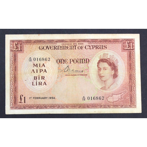 555 - Cyprus 1 Pound dated 1st February 1956, Queen Elizabeth II portrait at right, serial A/15 016862 (TB... 