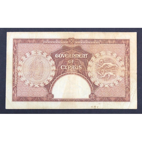 555 - Cyprus 1 Pound dated 1st February 1956, Queen Elizabeth II portrait at right, serial A/15 016862 (TB... 