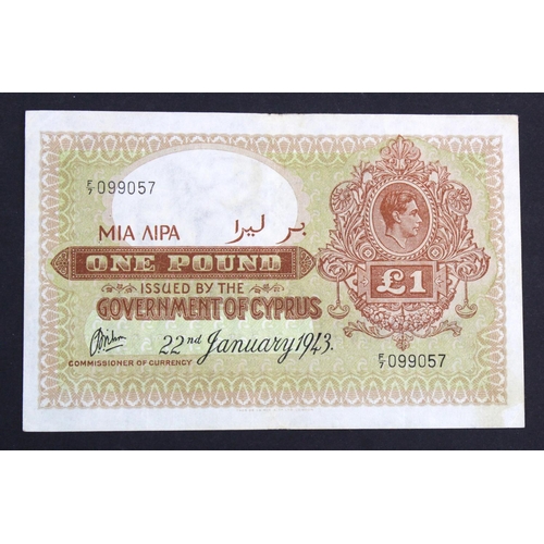 556 - Cyprus 1 Pound dated 22nd January 1943, King George VI portrait at top right, serial F/7 099057 (TBB... 