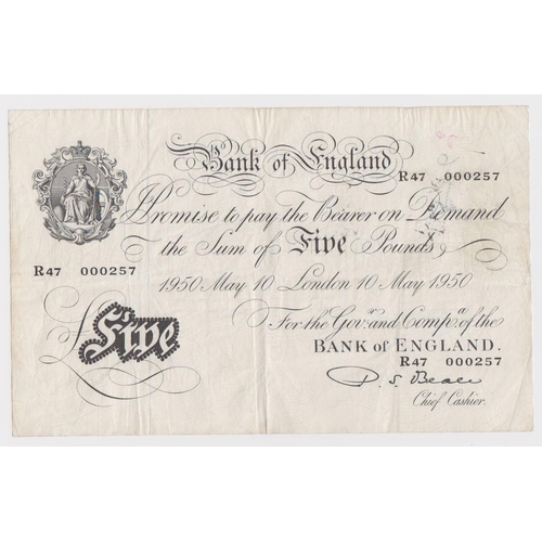 64 - Beale 5 Pounds dated 10th May 1950, serial R47 000257 (B270, Pick344) ink annotations on reverse, Fi... 