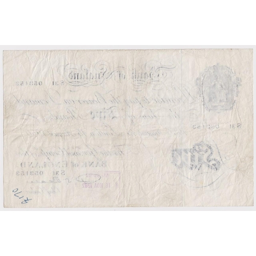 65 - Beale 5 Pounds dated 15th August 1950, serial S31 053153 (B270, Pick344) 2 x pinholes, small numbers... 