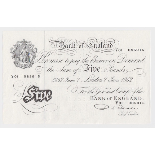 70 - Beale 5 Pounds dated 5th June 1952, scarce FIRST prefix of LAST SERIES 'Y01' prefix, serial Y01 0859... 