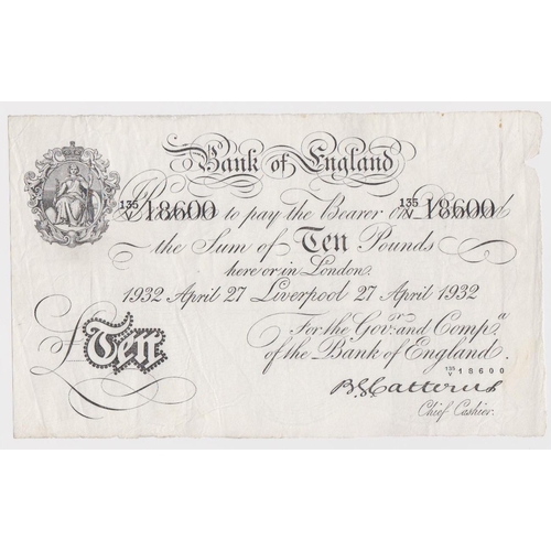 74 - Catterns 10 Pounds dated 27th April 1932, very rare LIVERPOOL branch note, serial 135/V 18600 (B229e... 