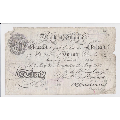 77 - Catterns 20 Pounds dated 30th May 1932, an exceptionally scarce MANCHESTER branch note, serial 49/W ... 