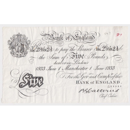 78 - Catterns 5 Pounds dated 1st June 1933, scarce MANCHESTER branch note, serial T/126 29521 (B228f, Pic... 