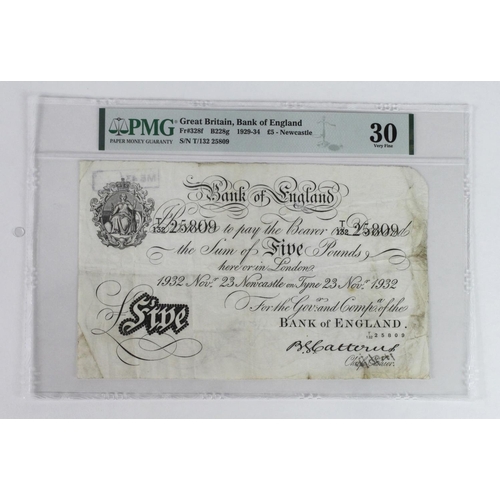 80 - Catterns 5 Pounds dated 23rd November 1932, serial T/132 25809, very rare NEWCASTLE on TYNE branch n... 