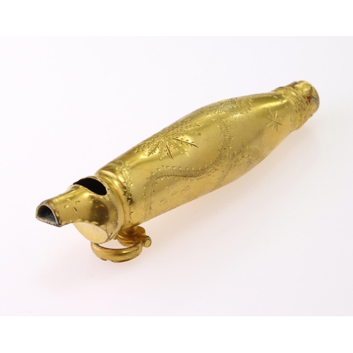 1049 - 18th century gold plated copper whistle, has a Maker's mark TW and Owner's initials MS,  intricate d... 