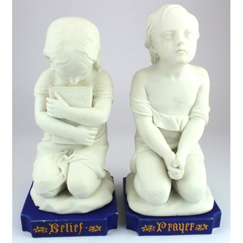 1063 - Pair of Minton Parian kneeling figures, the blue plinths inscribed in gold lettering with titles Pra... 