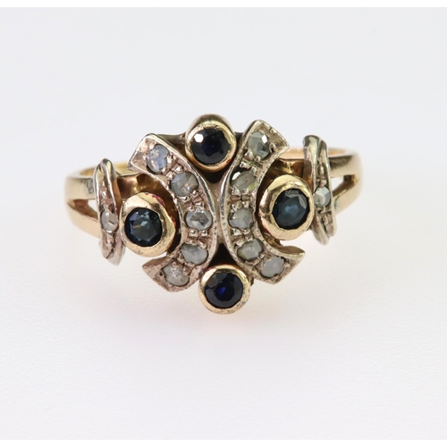 109 - 14ct yellow gold ring set with four round 3mm sapphires in rub over settings, spaced by two curved b... 