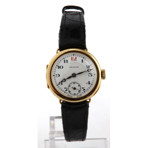 460 - Zenith 18ct gold cased (Import marks for Glasgow 1919) wristwatch. The white dial with arabic numera... 