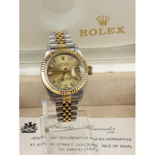 464 - Ladies Rolex Oyster perpetual datejust bi-metal wristwatch with jubilee bracelet. The gold dial with... 