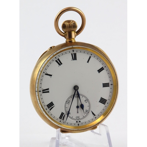 474 - Gents 9ct cased open face pocket, import marks for Chester 1912 . The Dial with black roman numerals... 