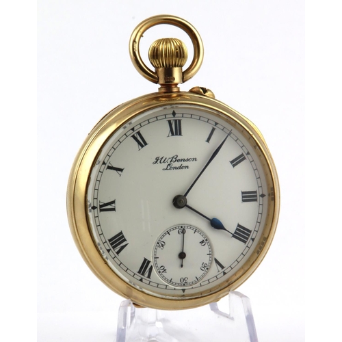 475 - Gents 9ct open face pocket watch by Benson. Hallmarked London 1935. The white dial with black roman ... 