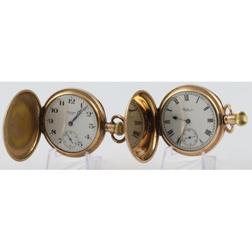 476 - Two gold plated full hunter pocket watch by Waltham. Both approx 50mm dia and working when catalogue... 