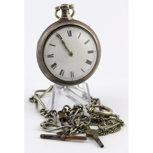 477 - Silver George III pair cased pocket watch, hallmarked 'JW, London 1816' (John Williams), white ename... 