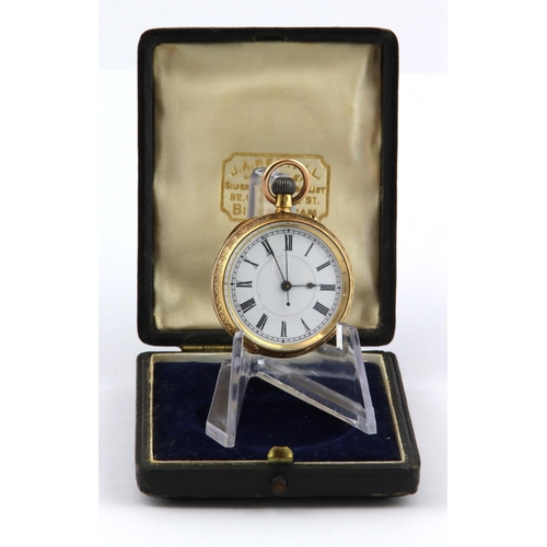 478 - 18ct cased open face pocket watch. The white dial with black roman numerals. Total dia 34mm, weight ... 