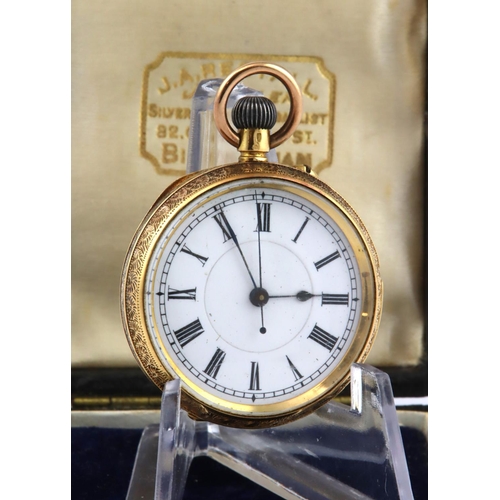 478 - 18ct cased open face pocket watch. The white dial with black roman numerals. Total dia 34mm, weight ... 