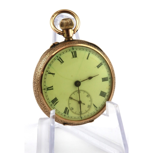 480 - 9ct cased open face pocket watch. Import marks for London 1907. The cream dial with black roman nume... 