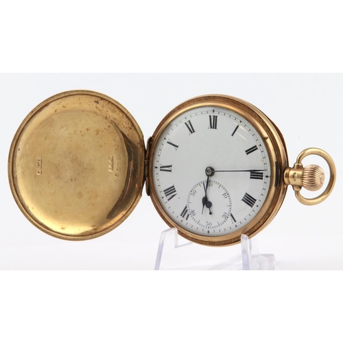 481 - Gents 9ct full hunter pocket watch. Hallmarked Birmingham 1919. The white dial with black roman nume... 