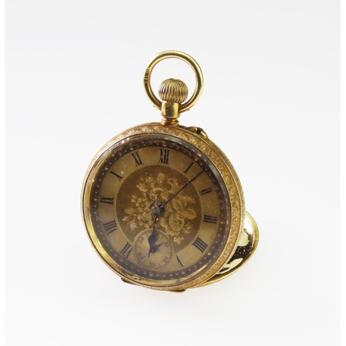 484 - 18ct yellow gold fob watch with decorative dial and subsiduary second dial at six o'clock, black num... 