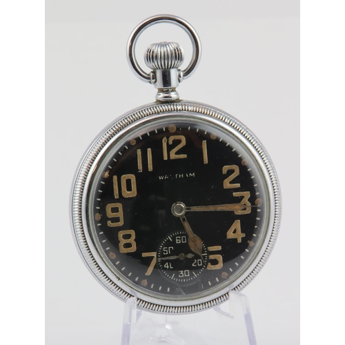 489 - Waltham military issue open face pocket watch. The black dial with arabic numerals and subsidiary se... 