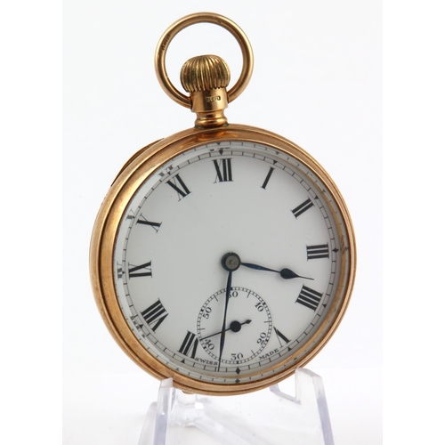 490 - 9ct Gold open face pocket watch, hallmarked 'BB, Chester 1925' (Benson Brothers), white enamel dial ... 