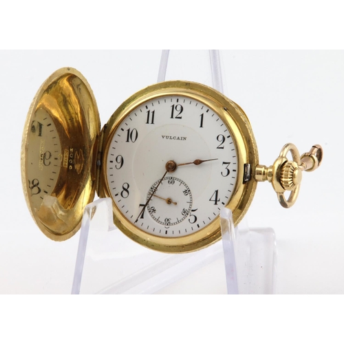 491 - 18ct (stamped 18kt) cased full hunter pocket watch by Vulcain. The signed white dial with black arab... 