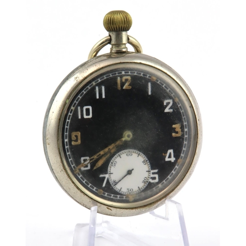 493 - Military issue pocket watch by Bravingtons, marked on the back 