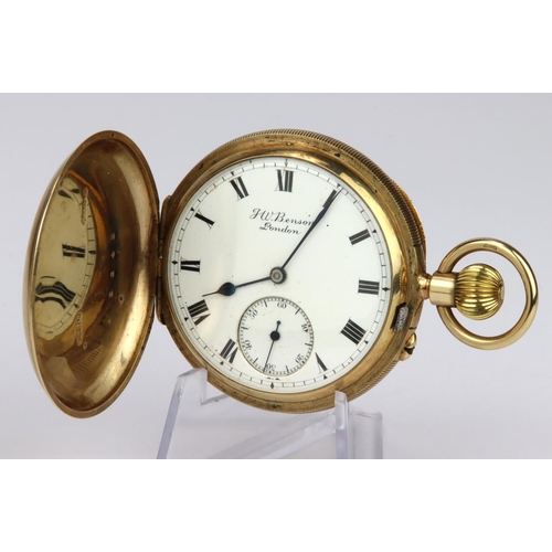 495 - 9ct cased gents full hunter pocket watch by Benson, hallmarked London 1928. The signed white dial wi... 