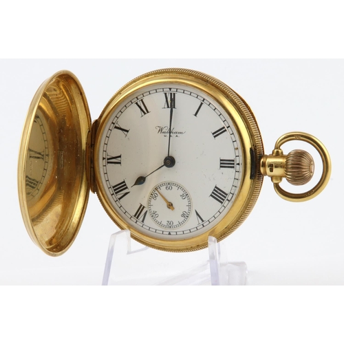 496 - Gents 18ct full hunter pocket watch by Waltham. Hallmarked Birmingham 1925. The signed white dial wi... 