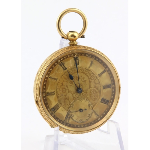 497 - Mid-size 18ct open face pocket watch, approx 38mm dia. Total weight 48.1g