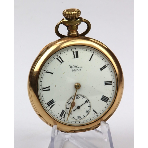 498 - Gents gold plated open face pocket watch by Waltham in the 