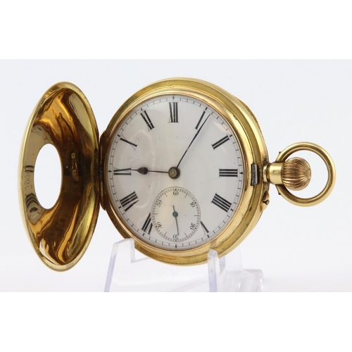 499 - Gents 18ct cased half hunter pocket watch circa 1913. The Dial with black roman numerals and subsidi... 