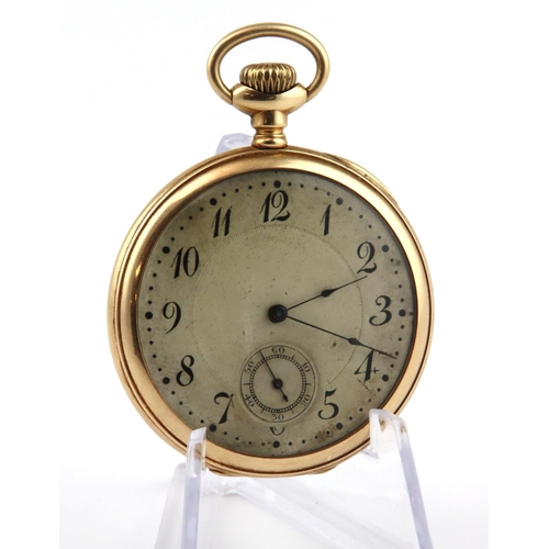 500 - Waltham 14kt cased open face pocket watch circa 1902. Approx 43mm dia, total weight 62.4g. Working w... 