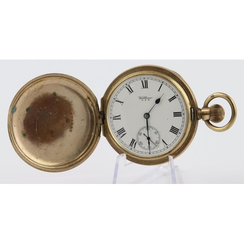 501 - Gents gold plated full hunter pocket watch by Waltham (circa 1922) in an Elgin case. The white dial ... 