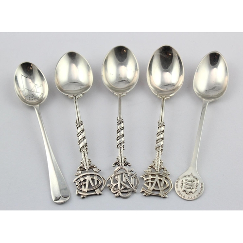 578 - Five silver golf spoons with various hallmarks.  Spoons include one for Newmarket Links.  Total weig... 