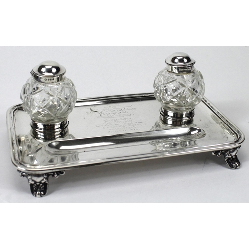 606 - Local interest. Victorian silver desk stand, hallmarked London 1877 by Robert Harper, fitted with tw... 